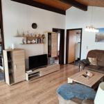 Living room with sofa, TV, and kitchen area. Wooden floor and wall decoration.