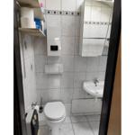Bathroom with toilet, sink, and heater.