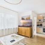 Wohn- und Küchenbereich mit TV, Holzmöbeln und Fenster
