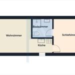 Wohnzimmer, Schlafzimmer, Küche und Badezimmer mit Dusche und WC.