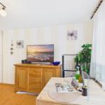 Ein Wohnzimmer mit Holzmöbeln, Fernseher und Pflanze. Tisch mit Zeitung und Flaschen.