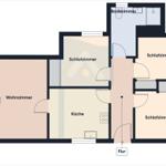 Apartment with living room, kitchen, three bedrooms, and bathroom.