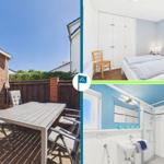 Terrace with table and chairs, bedroom with bed and wardrobe, bathroom with shower and sink.