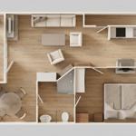 Wohnung mit Schlafzimmer, Küche, Bad und Essbereich. Möbel und Pflanzen sind eingerichtet.