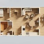 Dieses Haus hat eine Küche, Wohnzimmer, Schlafzimmer und Bad mit Dusche.