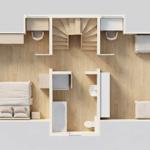 Zweistöckige Wohnung mit Schlafbereich, Bad und Arbeitsnischen.