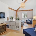 Living room with TV, sofa, bed, and plants. Wooden ceiling and lamps.