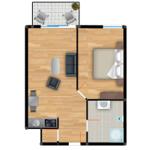 Apartment with bedroom, kitchen, and bathroom. Terrace with two chairs.