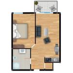 Das Apartment hat ein Schlafzimmer, ein Wohnzimmer, eine Küche und ein Badezimmer.