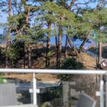 Blick von Balkon auf Wald und Meer mit Wanderweg und Laternenpfosten.