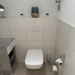 Toilette mit Waschbeckenunterschrank, Spiegel und Pflanzen