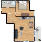 A room with bedroom, kitchen, living room, and bathroom.