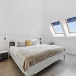 Bedroom with double bed, two skylights, and wooden floor.