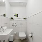 Bathroom with sink, toilet, and mirror on the wall.