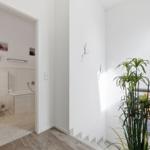 Hallway with bathroom and staircase, wall decor and houseplant