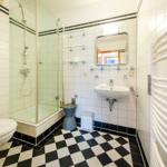 Badezimmer mit Dusche, Waschbecken und Heizkörper