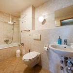Badezimmer mit Badewanne, Dusche, Toilette und Waschbecken.