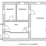 Grundriss mit Schlafzimmer, Badezimmer, Küche, Wohnzimmer und Windfang.