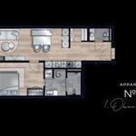 Wohnung Nr 09 im 1. Obergeschoss mit Wohn- und Schlafbereich, Küche und Badezimmer.