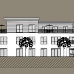 Architekturzeichnung eines mehrstöckigen Gebäudes mit markierten Etagen und Bäumen
