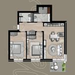 Dreizimmer-Wohnung mit Küche, Bad und Balkon. Flur und Essbereich sind eingerichtet.