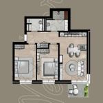 Dieses Apartment hat zwei Schlafzimmer, eine Küche, ein Bad und einen Balkon.