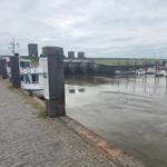 Hafen mit Booten und Steg. Im Hintergrund sind Gebäude und Grasflächen zu sehen.
