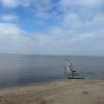 Strand mit Steg und Flaggen am Wasser. Blick auf ruhiges Gewässer unter bewölktem Himmel.