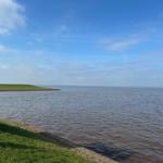 Weitläufiger Blick auf ruhiges Wasser mit grünem Ufer und blauem Himmel.