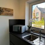Küchenbereich mit Mikrowelle, Spüle und Fensterblick auf Haus und Garten.