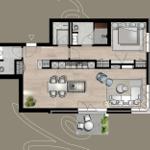 This apartment has a kitchen, dining room, living room, bedroom, and bathroom.