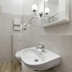 Bathroom with sink, mirror, shower, and toilet.