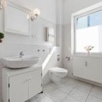 Bathroom with sink, toilet, and window with flowers.