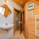 Bad mit Waschbecken, Spiegel und integrierter Sauna.
