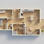 Wohnung mit zwei Schlafzimmern, Küche, Wohnzimmer und Balkon.