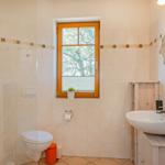 Badezimmer mit Toilette, Waschbecken und Dusche. Fenster mit Blick auf Bäume.