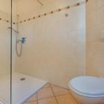 Dusche mit Glaswand, Toilette und Fliesenwand im Badezimmer.