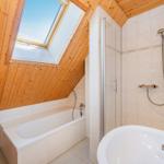 Badezimmer mit Dusche, Badewanne und Dachfenster. Holzdecke und Fliesenwand.