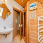 Bad mit Waschbecken, Spiegel und Sauna mit Heizung und Handtuchhalter.