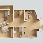 Drei Schlafzimmer, Wohnbereich mit Sofa, Essbereich und Bad im Haus.