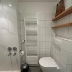 Bathroom with toilet, heater, and wooden shelves on the wall.