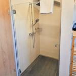Shower with glass enclosure, handheld shower, and towel rack