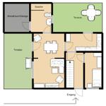 Wohnung mit Eingang, Küche, Schlafzimmer, Bad und zwei Terrassen.