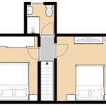 Zwei Schlafzimmer, eine Toilette und eine Treppe sind im Grundriss dargestellt.