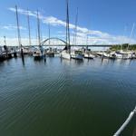 Marina with boats and bridge under blue sky