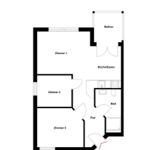 Wohnung mit drei Schlafzimmern, Küche, Bad und Balkon.