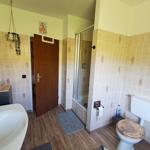 Badezimmer mit Dusche, Toilette und Waschbecken. Fliesenwand und Holzboden.