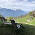 Zwei Liegestühle auf einer grünen Wiese mit Blick auf schneebedeckte Berge.