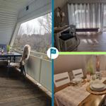 Terrace with table and chairs. Dining area with table and chairs. Living room with sofa and window.