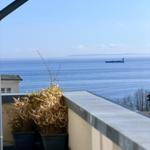 Balkon mit Blick auf das Meer und ein Schiff in der Ferne.